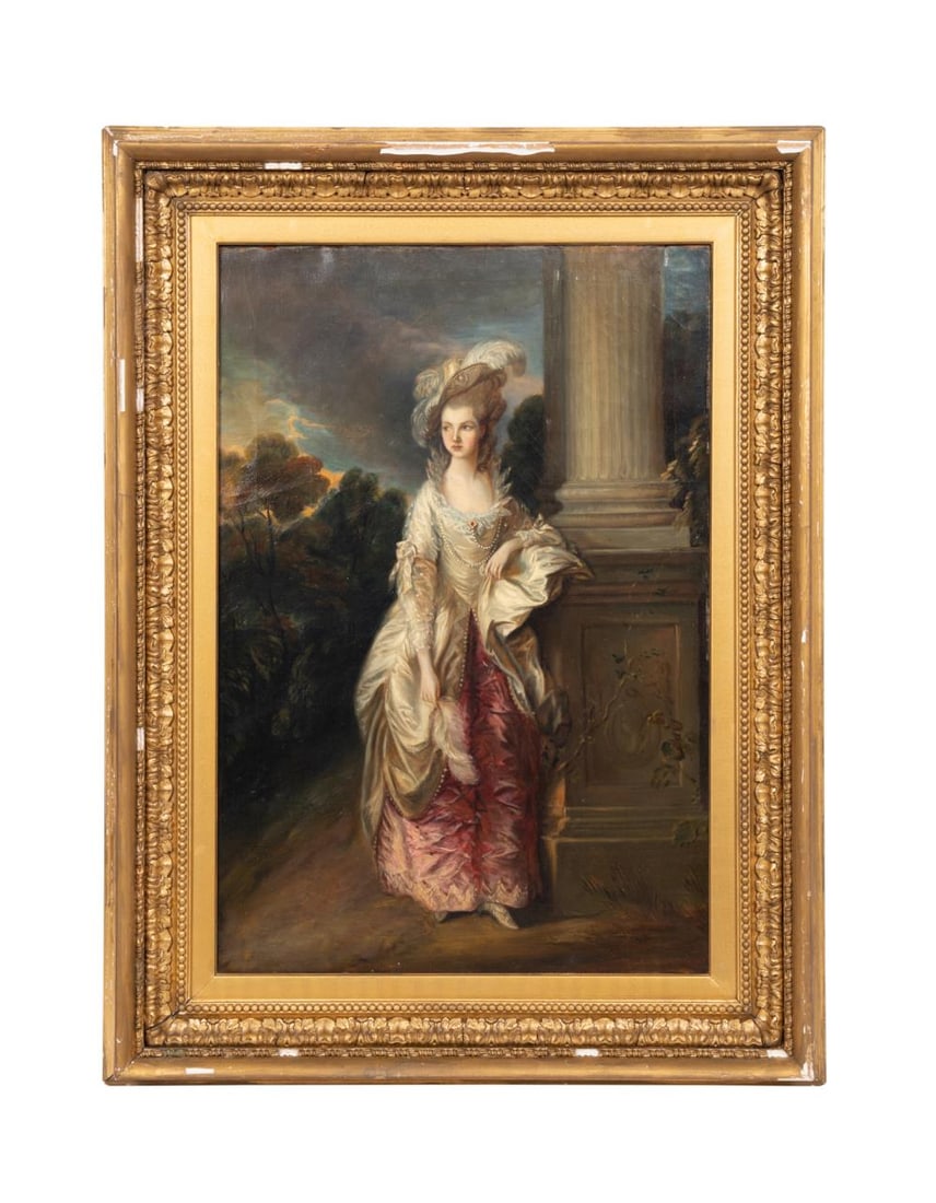 AFTER T. GAINSBOROUGH, HONOURABLE MRS. GRAHAM, OIL: After Thomas Gainsborough RA FRSA (English 1727–1788), 'The Honourable Mrs. Graham' (British/Scottish 1757 - 1792), undated, oil on canvas, full length portrait depicting a lady wearing pink and blu