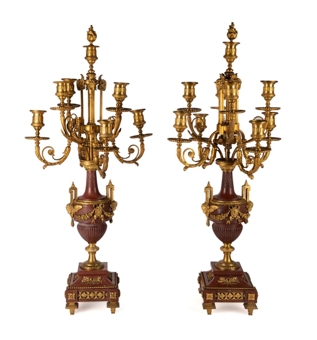 PR FRENCH 9 LIGHT ROUGE MARBLE CANDELABRA, 19TH C. (1 of 9)