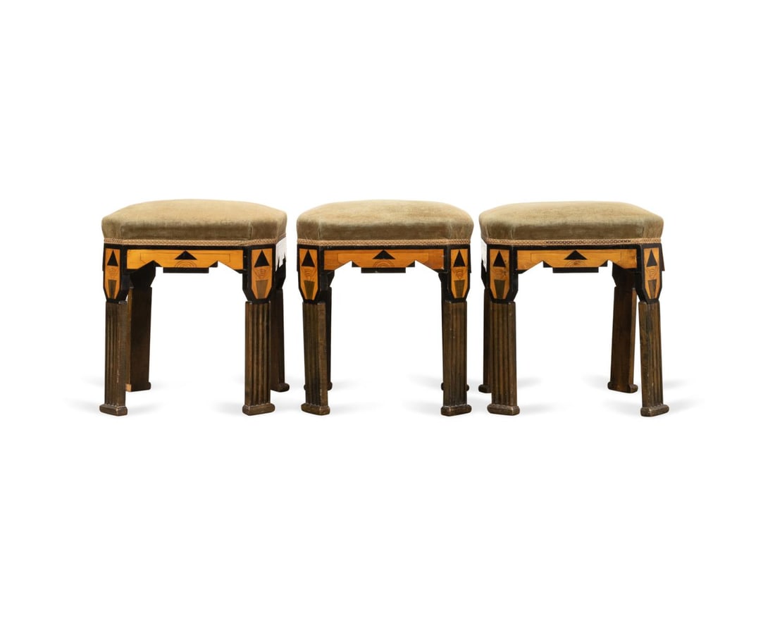 THREE ART DECO MIXED WOOD INLAID STOOLS, C. 1930 (1 of 5)