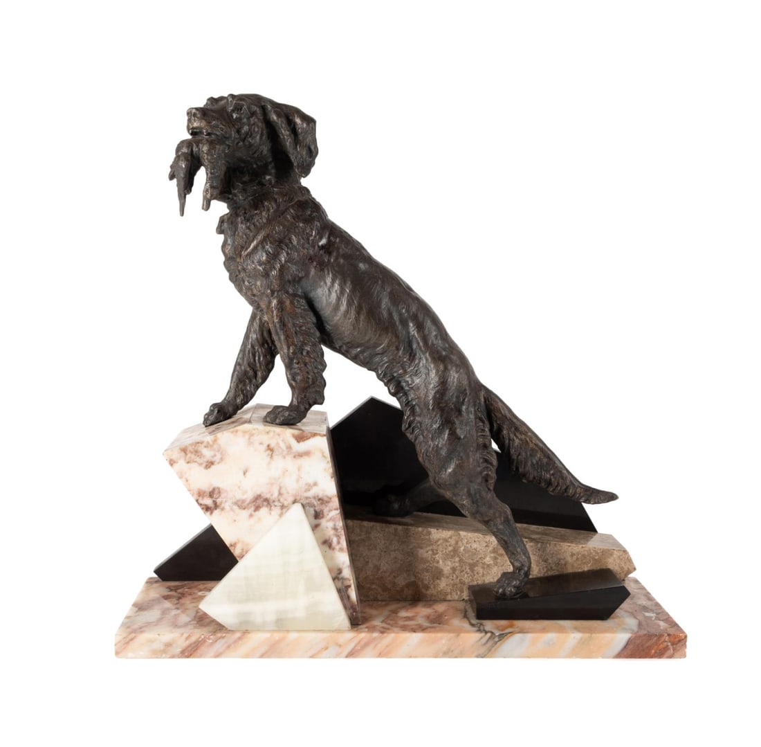 BRONZE DOG SCULPTURE ON ART DECO MARBLE BASE (1 of 6)