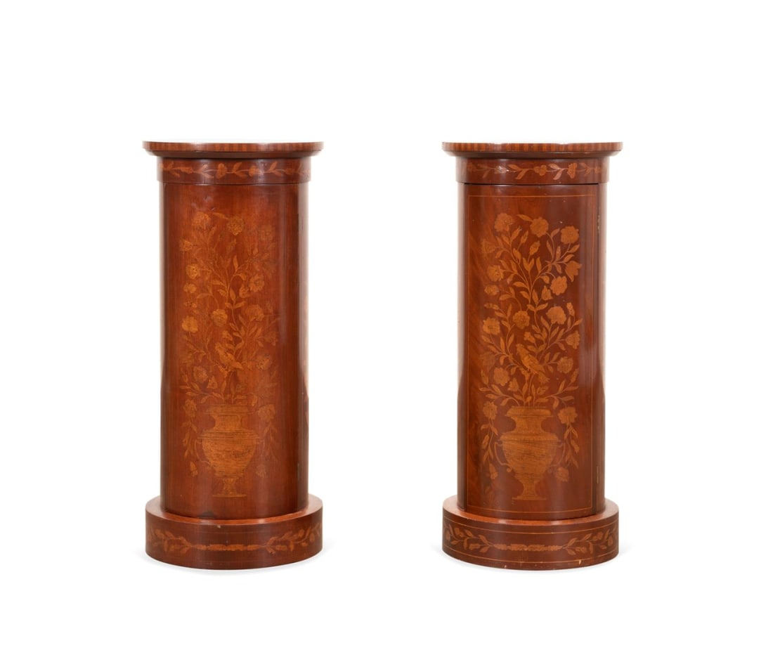 PAIR FLORAL MARQUETRY INLAID STORAGE PEDESTALS (1 of 6)