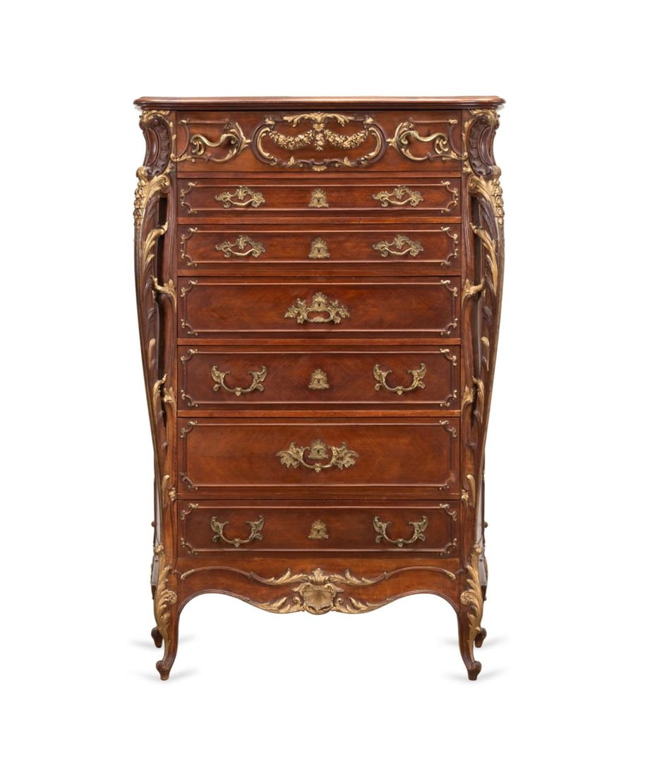 FRENCH ROCOCO STYLE PARCEL GILT MAHOGANY SEMAINIER (1 of 6)