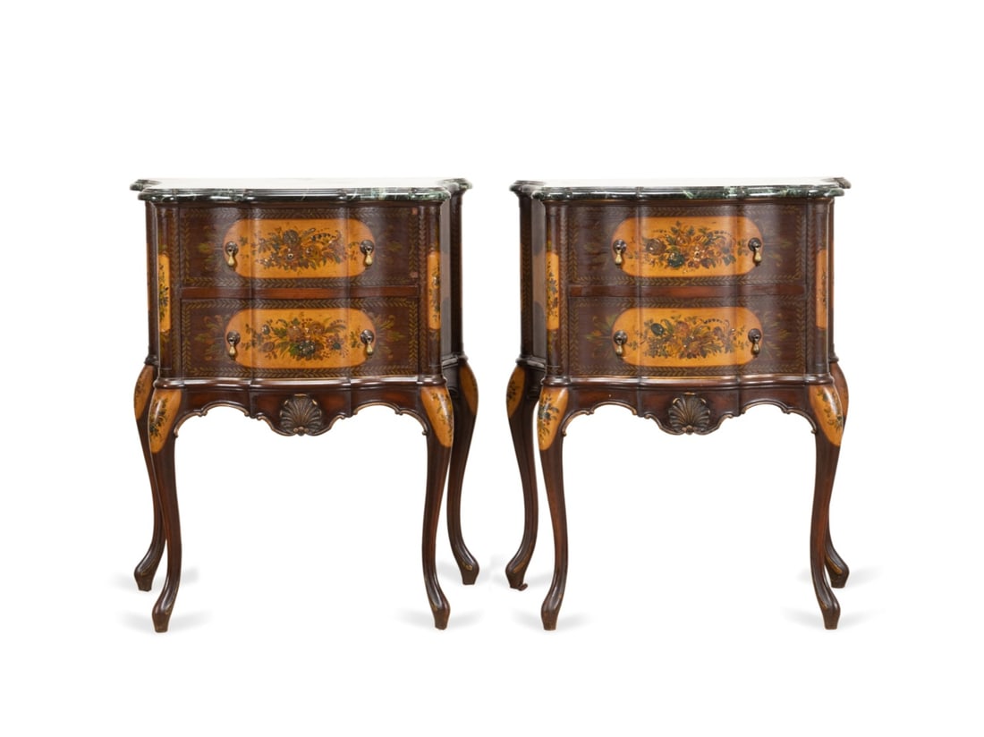 PAIR PAINT DECORATED STONE TOP COMMODES, 20TH C (1 of 5)