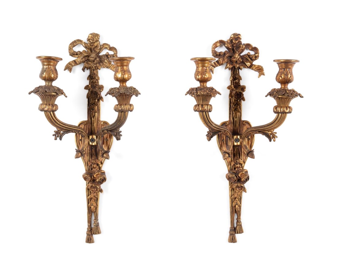PAIR NEOCLASSICAL STYLE BRASS CANDLE WALL SCONCES (1 of 3)