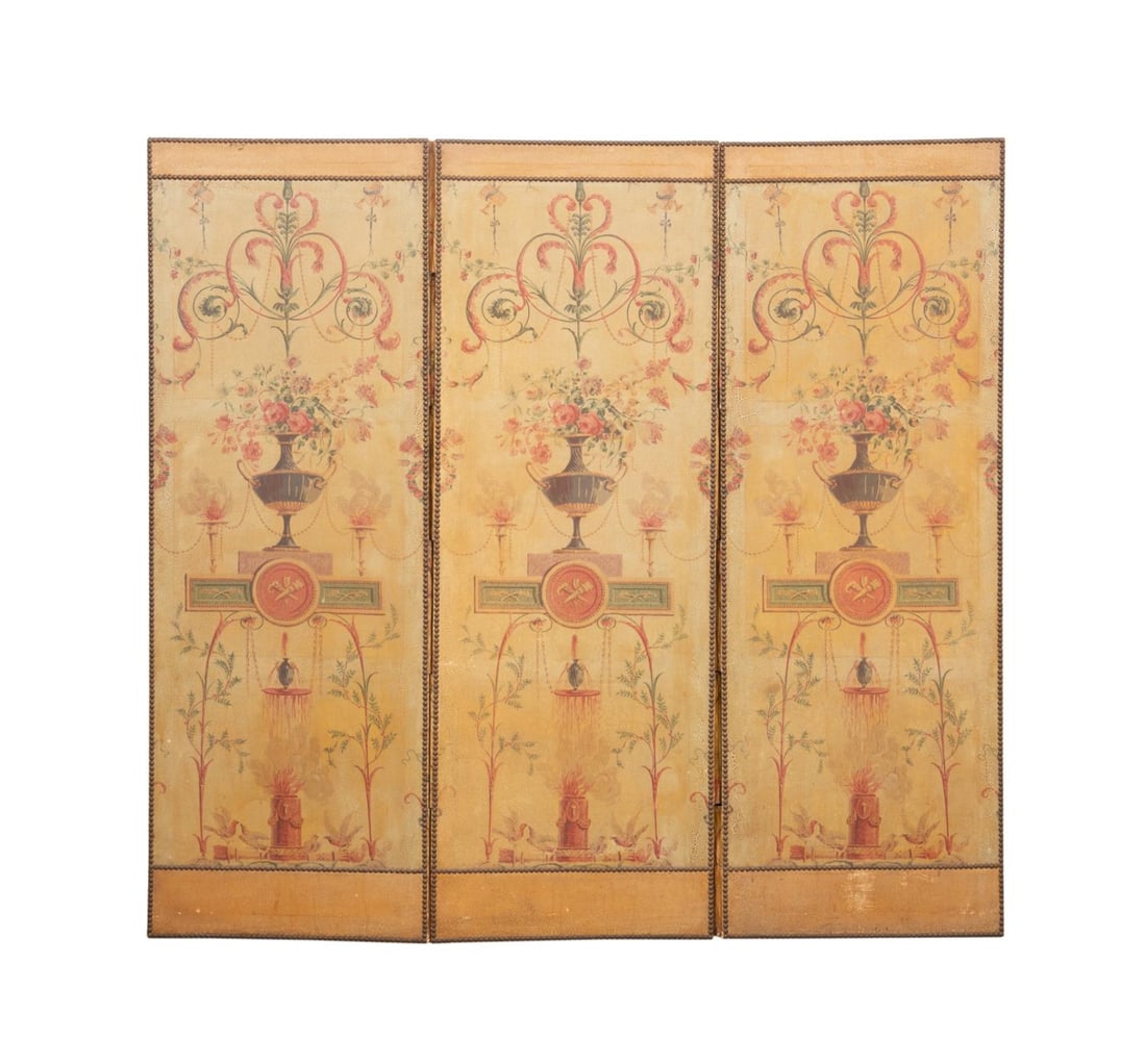 3 PANEL NEOCLASSICAL STYLE URN MOTIF FABRIC SCREEN (1 of 3)