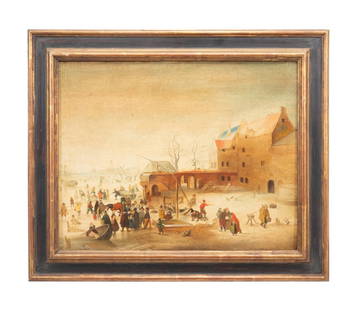 AFTER H. AVERCAMP SCENE ON THE ICE NEAR TOWN OIL: After Hendrick Avercamp (Dutch 1585-1634), 'A Scene on the Ice Near a Town', oil on canvas, signed 'M' to lower left, framed. Note: the painting included in this Lot is a 19th century copy of the orig