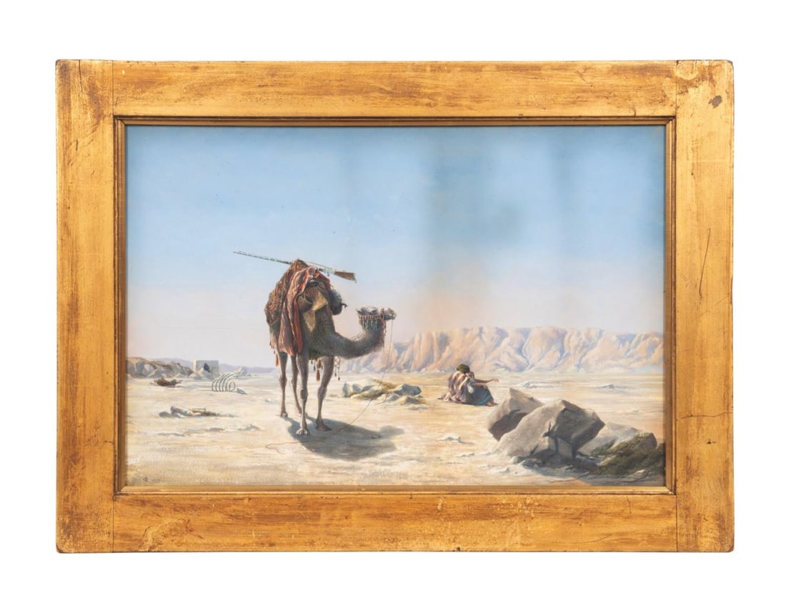 CONT. SCHOOL ORIENTALIST SCENE 1870 GOUACHE & MM/P: Continental School, 1870. 'Untitled (Orientalist Scene)', gouache and mixed media on paper, monogrammed 'CR' and dated in pencil to lower left. Framed. Approximate dimensions: frame h. 24.25", w. 33.2
