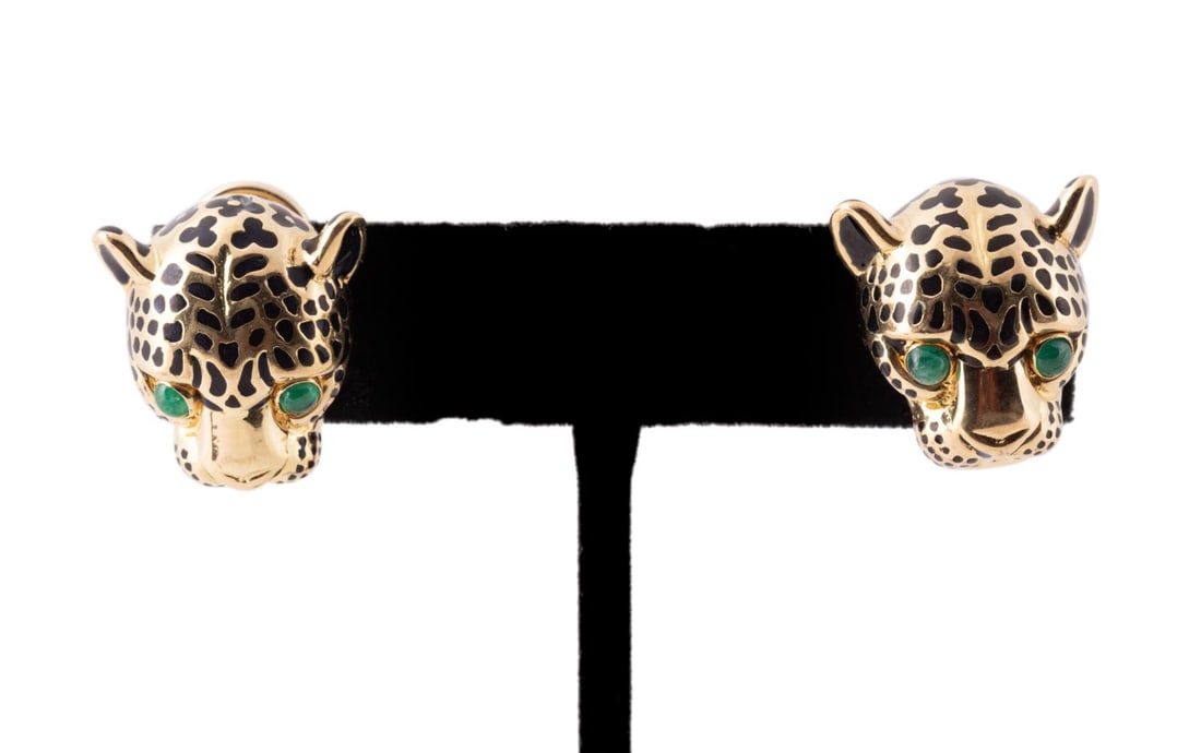 EMERALD EYE & 14K YG PANTHER HEAD EARRINGS (1 of 5)