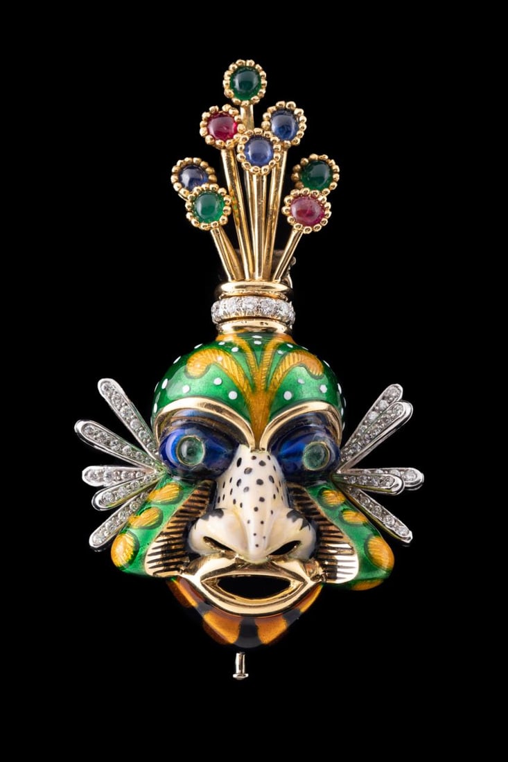 ENAMEL, 18K & MULTI-STONE MASK PIN/PENDANT (1 of 5)