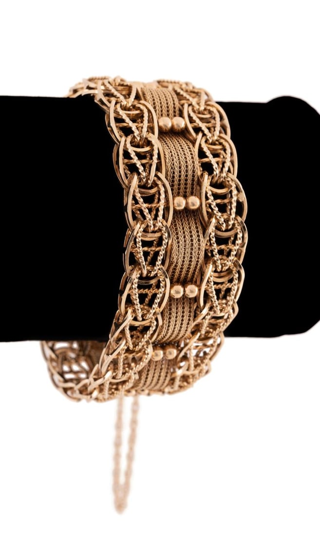 VINTAGE WOVEN 14K YELLOW GOLD BRACELET, POM (1 of 6)