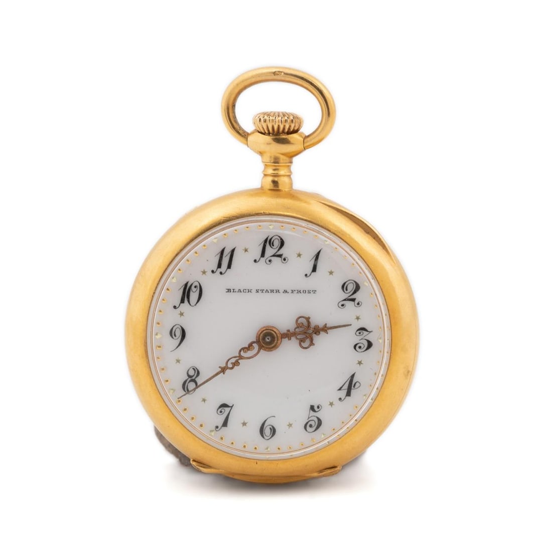 BLACK, STARR & FROST SAPPHIRE & DIA. POCKET WATCH: Black, Starr & Frost. Diamond and sapphire open face pocket watch in 18k yellow gold, with (7) blue sapphires weighing approximately 0.44 total carats, (19) old mine and rose cut diamonds weighing app