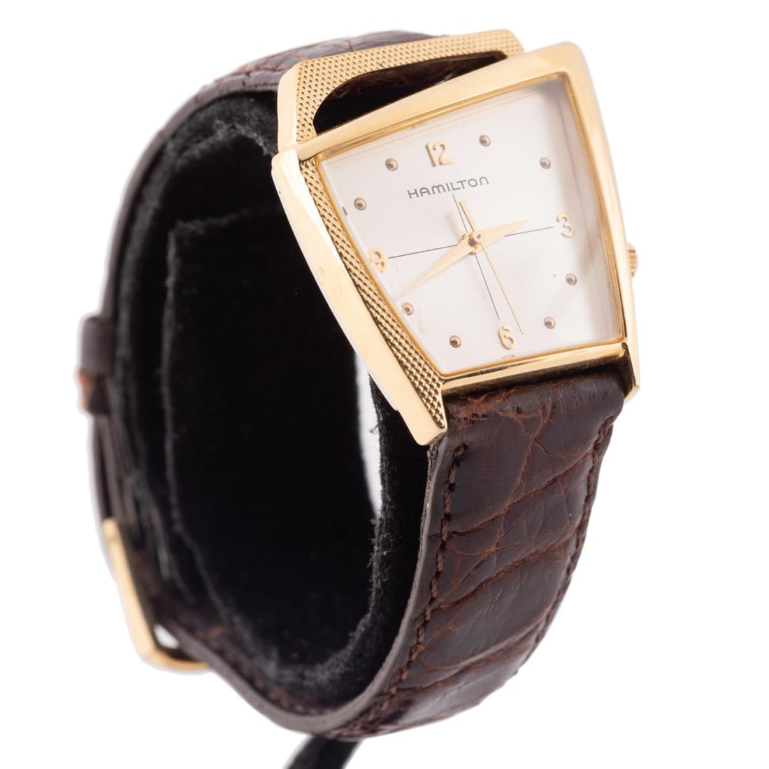 VINTAGE HAMILTON 'FLIGHT II' ASYMMETICAL WATCH: Hamilton. Vintage 'Flight II' stainless steel wrist watch, with quartz movement and gold tone assymetrical case. Marked 'Hamilton' to face and 6230 to back of case. Provenance: From the Private Collec