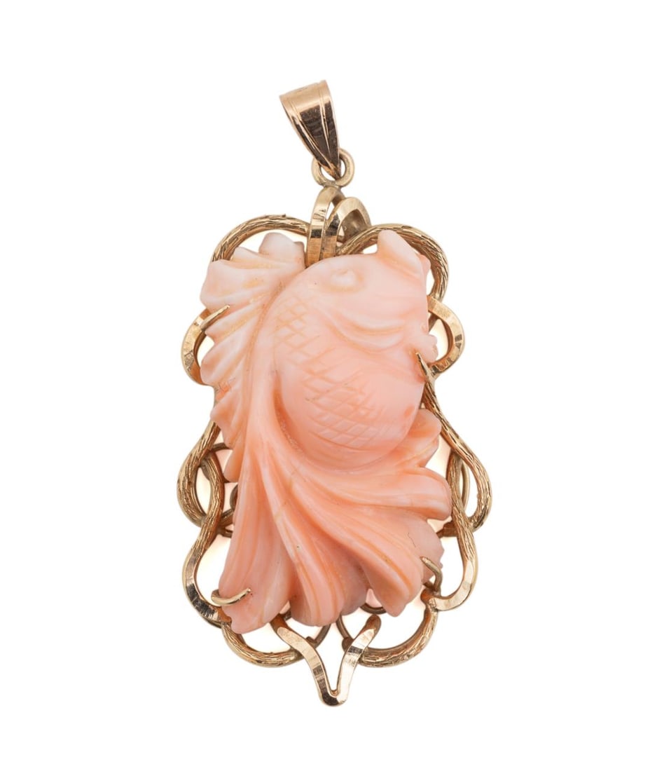 ANGEL SKIN CORAL CARVED FISH 14K YG PENDANT (1 of 4)