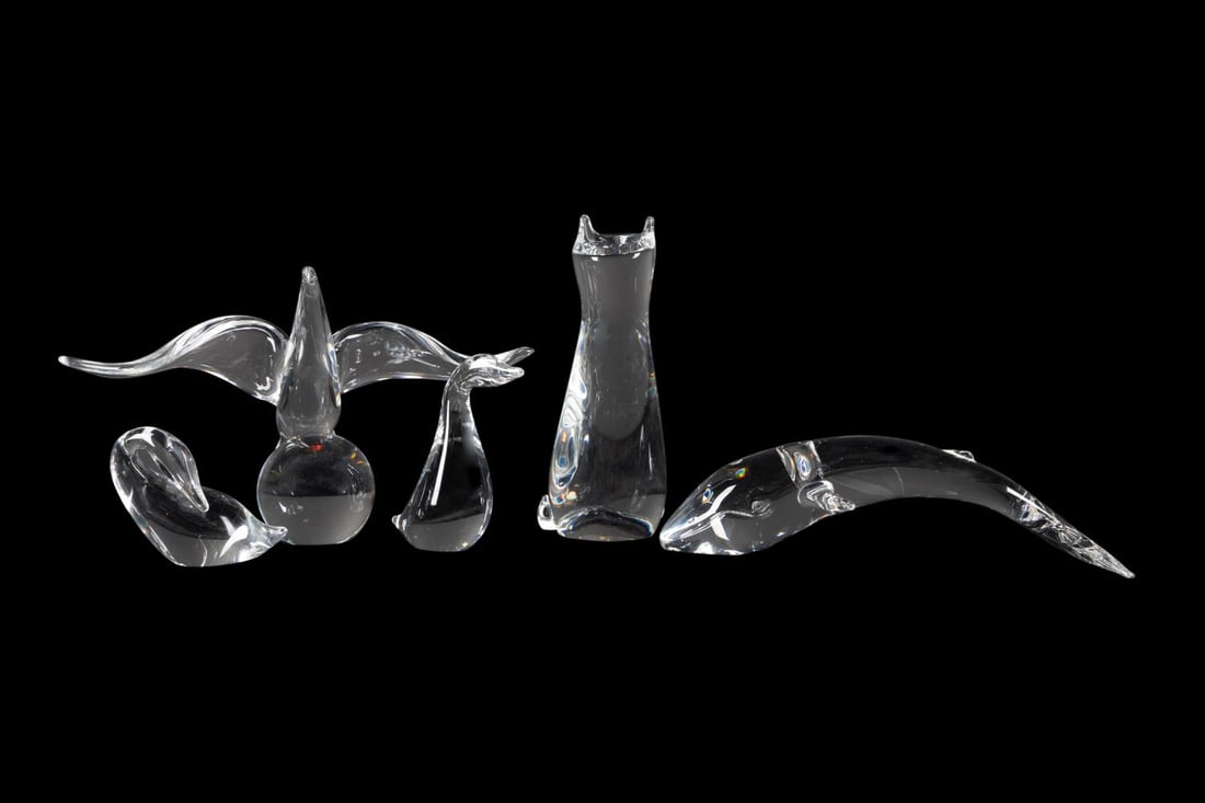 5PCS STEUBEN GLASS ANIMALS INCLUDING MODERNIST CAT