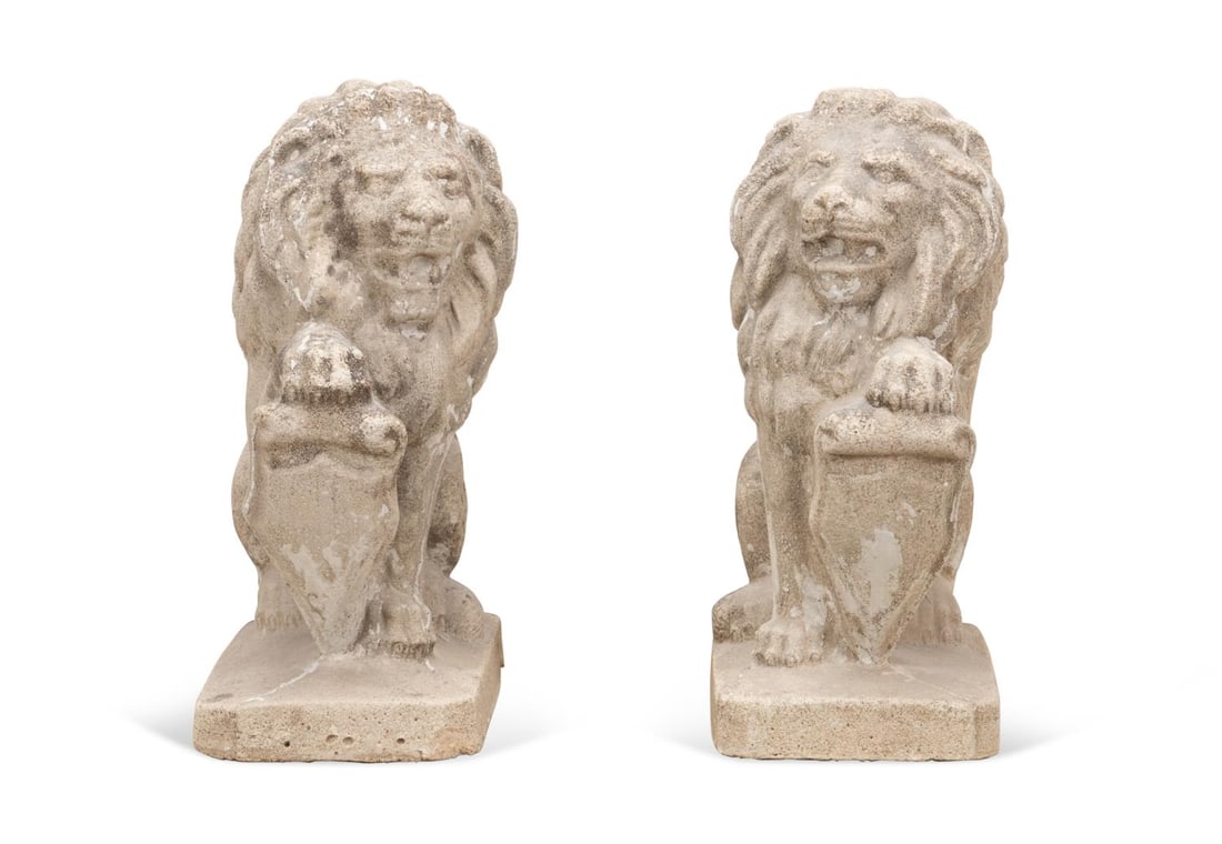 PAIR OF CAST CONCRETE GARDEN LIONS WITH SHIELD (1 of 5)