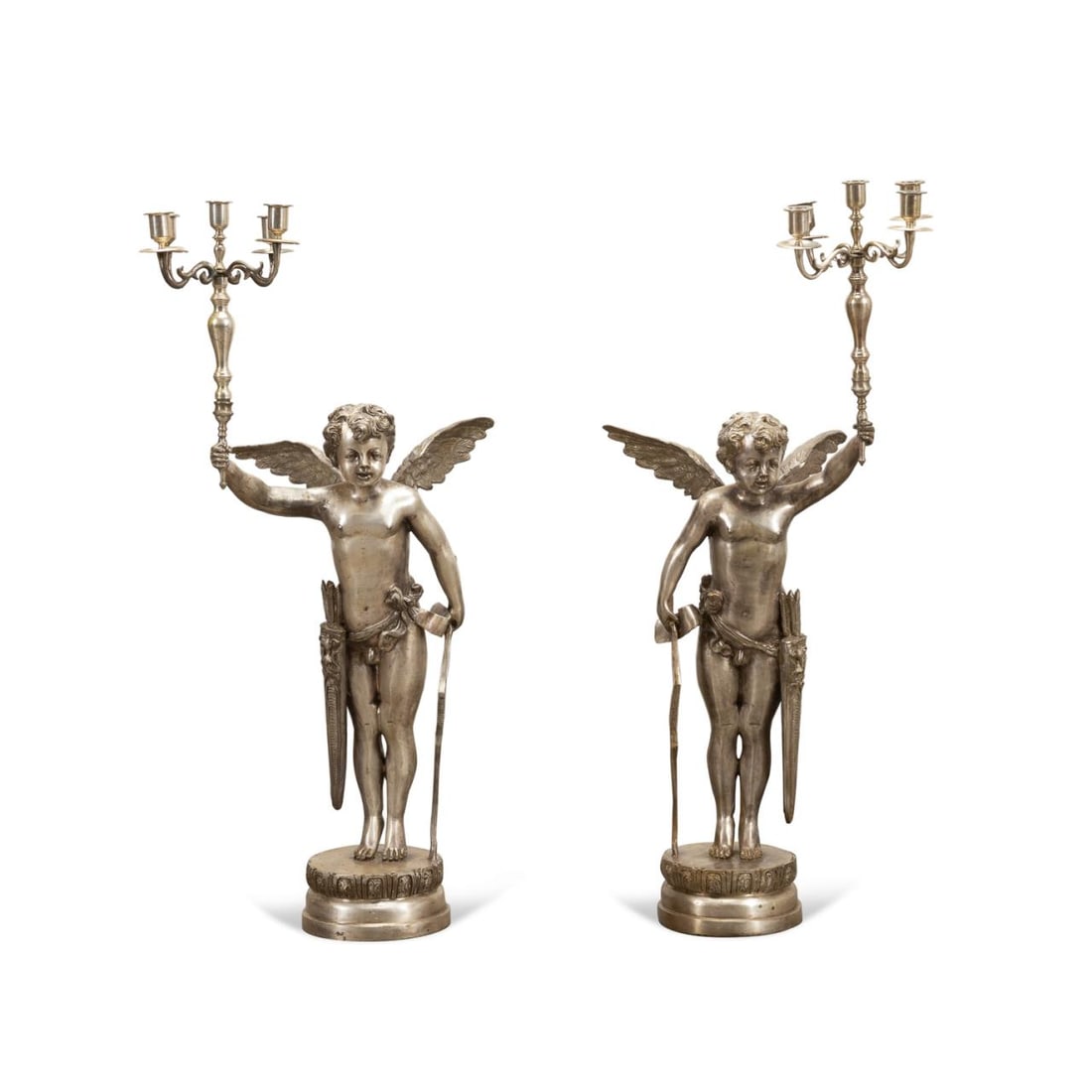 PAIR LARGE FIVE LIGHT CUPID SILVERED CANDELABRA (1 of 8)