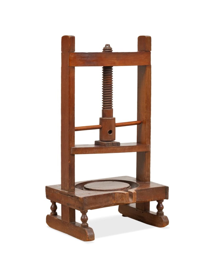 19TH CENTURY FRENCH WINE PRESS WOODEN ANTIQUE: Antique French wooden wine press, 19th century, with carved screw and collection channel on raised legs, apparently unmarked. Approximate dimensions: h. 43.375", w. 19", l. 22.5" Provenance: The Colle
