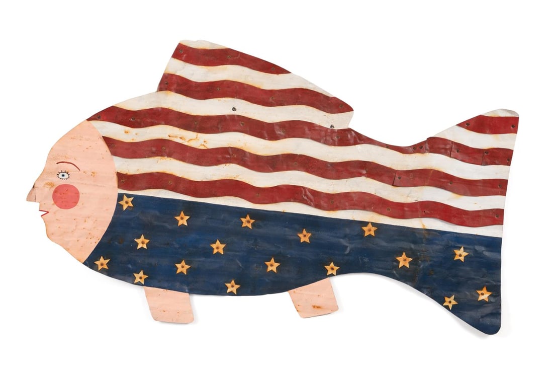 AMERICAN FLAG FISH FOLK ART, SIGNED SPRINKLE (1 of 4)