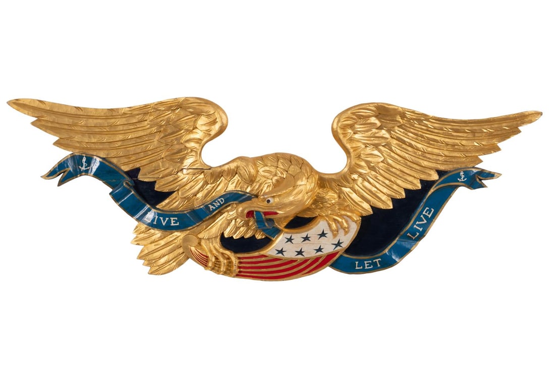 GILT AND POLYCHROME CARVED WOOD EAGLE WITH BANNER (1 of 3)