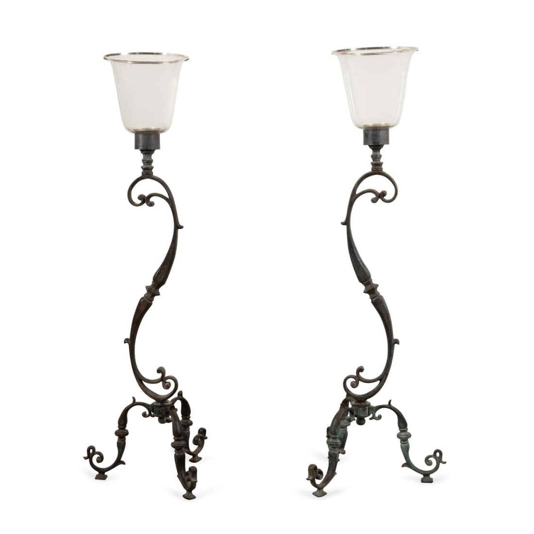 20TH C. LARGE PAIR SCROLLED BRONZE CANDLE STANDS (1 of 5)