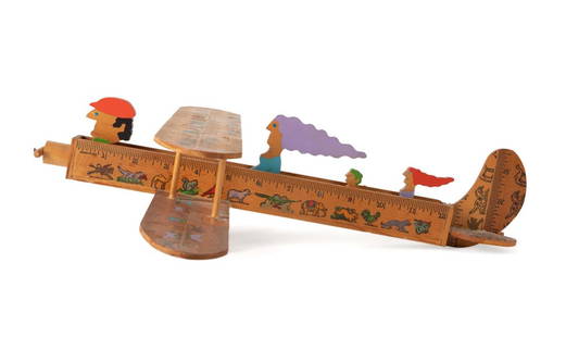 WILLIAM ACCORSI FOLK ART AIRPLANE SCULPTURE: William Accorsi (American b. 1931). Untitled - Folk Art Airplane with Figures - painted mixed media and wood, cipher and edition 7/75 to underside. Approximate Dimensions: h. 5", w. 15.25", d. 15.75".