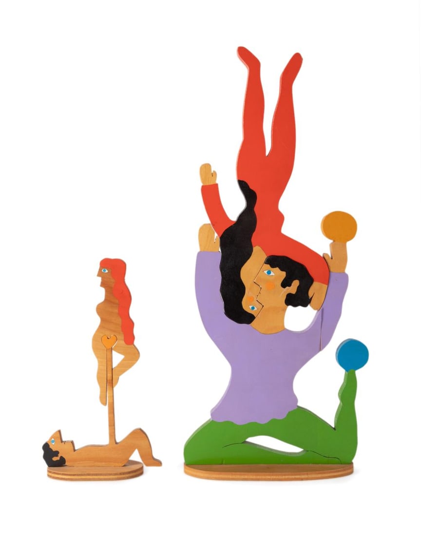 TWO WILLIAM ACCORSI EROTIC FIGURAL SCULPTURES: William Accorsi (American b. 1931) two folk art erotic puzzle sculptures; Untitled - Nude Man & Woman, painted wood, stamped cipher to underside; Untitled Man & Woman Acrobats, painted wood, cipher an