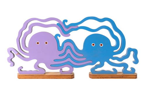 WILLIAM ACCORSI FOLK ART BLUE & PURPLE OCTOPUSES: William Accorsi (American b. 1931). Untitled - Blue and Purple Interlocked Octopi - 1979, painted carved wood, ink signed 'Accorsi' and dated to underside. Unframed. Approximate Dimensions: h. 7.375",