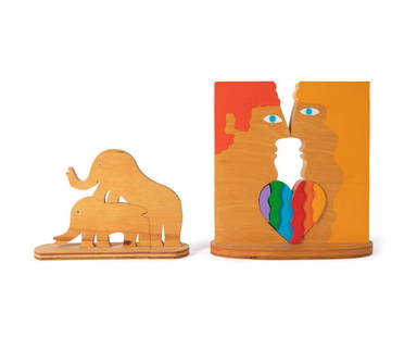 2 W. ACCORSI PUZZLE SCULPTURES, COUPLE / ELEPHANTS: William Accorsi (American b. 1931). Two folk art puzzle sculptures; Untitled Interlocking Elephants, painted wood, cipher stamped and editioned 12/30 to underside; Untitled - Couple and Rainbow Heart