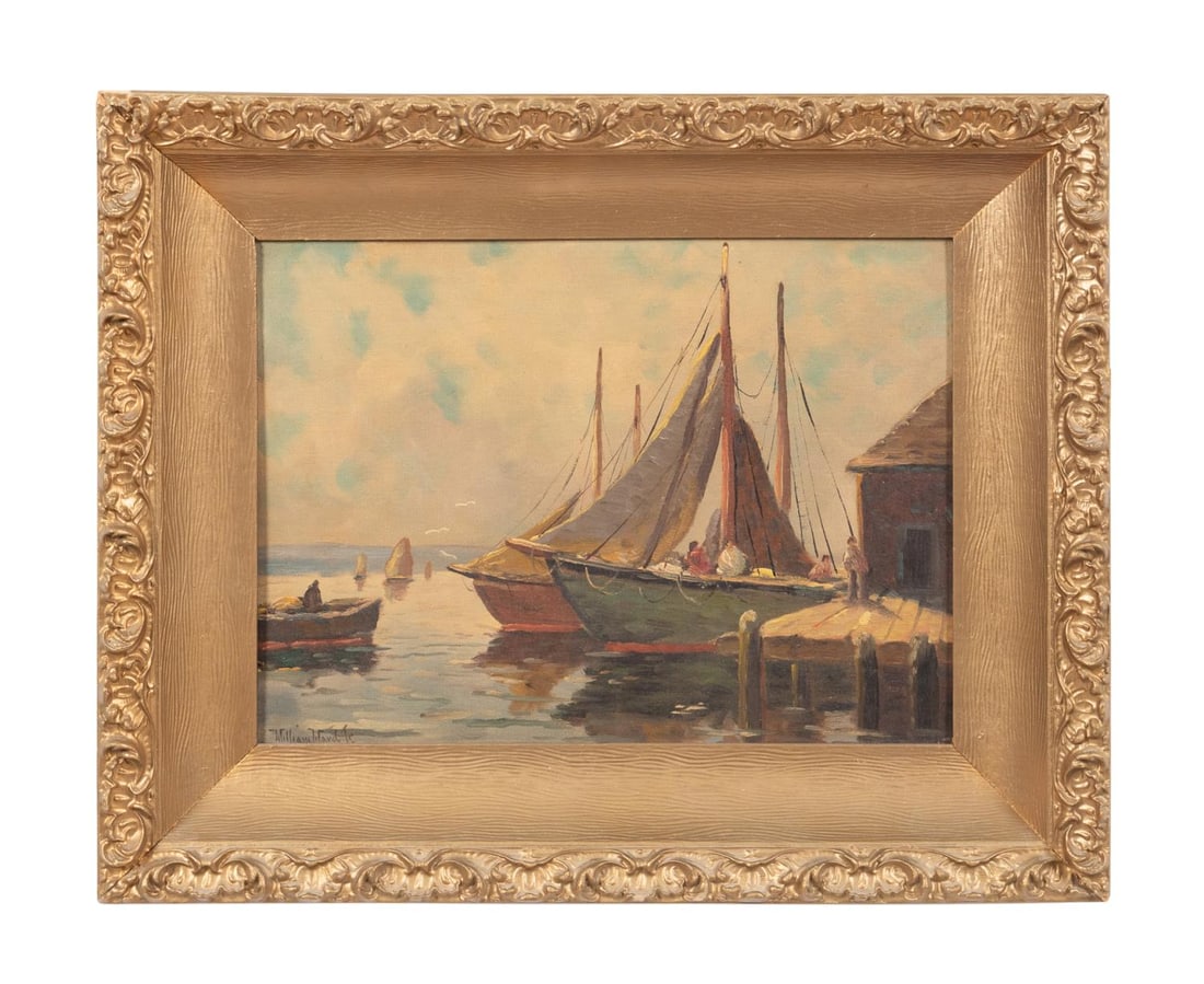 WILLIAM WARD JR. 'HARBOR, DAWN' O/B: William Ward Jr. aka C. Hjalmar "Cappy" Amundsen (American 1911-2001). 'Harbor, Dawn', second half 20th century, oil on canvas board, signed LL, signed and titled to verso. Framed. Approximate dimensi