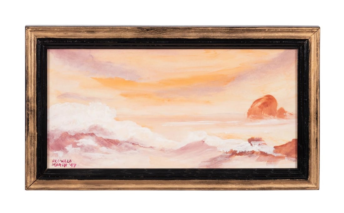 REGINALD MARSH SUNSET SEASCAPE FRAMED MM/P: Reginald Marsh (American / New York 1898-1954). Untitled - Sunset Seascape - 1947, mixed media on paper, signed and dated to LL. Framed. Approximate dimensions: sight h. 5.5", w. 11.5"; frame h.7.75",