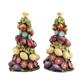 PAIR OF MAJOLICA FRUIT AND FLOWERS TOPIARYS