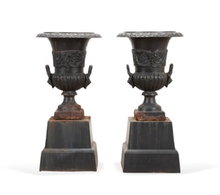 PAIR LION HANDLE CAST IRON GARDEN URNS ON BASES