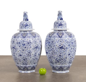 PAIR LARGE TIFFANY & CO. DELFT STYLE URNS