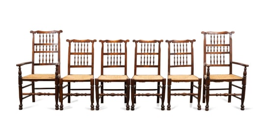 SIX YORKSHIRE SPINDLE BACK OAK RUSH SEAT CHAIRS