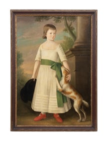18TH C. AM. SCHOOL PORTRAIT OF A BOY W/ DOG O/C