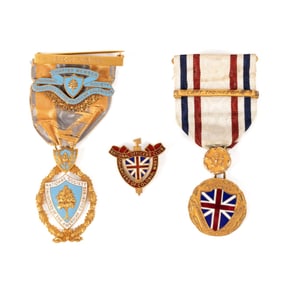 THREE EARLY COLONIAL SOCIETY PINS ONE 14K GOLD