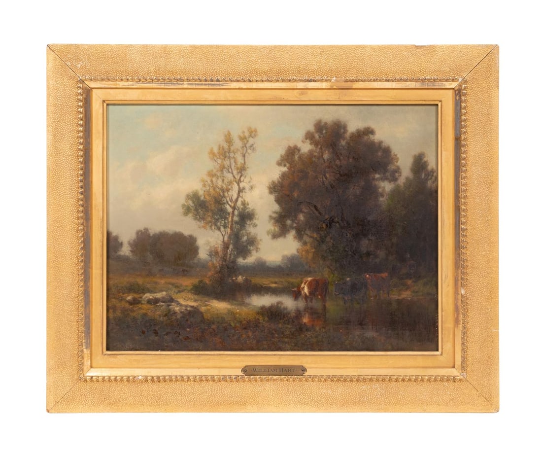 WILLIAM HART, LANDSCAPE, 1888, OIL ON CANVAS: William Hart (Scottish/American 1823-1894). Untitled- Landscape, 1888, oil on canvas, pastoral scene depicting multiple cows by a body of water, signed and dated LL. Framed. Approximate dimensions: ca