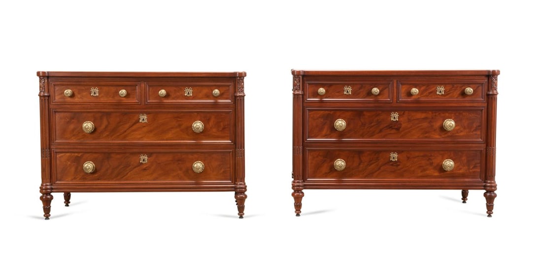 PAIR KARGES LOUIS XVI STYLE MAHOGANY COMMODES: Pair of Karges Furniture Company Inc. (American 1886), Masterworks Collection mahogany commodes or chests (no. K315, serial nos. 53516 and 53517) in the Louis XVI taste, having a striped and swirl mah