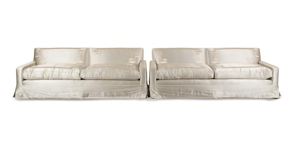 PAIR DE ANGELIS GREY SILK UPHOLSTERED SOFAS