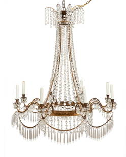 ATTR. NIERMANN WEEKS 'RUSSIAN' 8-LIGHT CHANDELIER: Attributed Niermann Weeks (American 1978), 'Russian' eight-light chandelier in the Empire taste, hung with colorless faceted crystal prisms, apparently unmarked. Approximate dimensions: h. 46", dia. 3