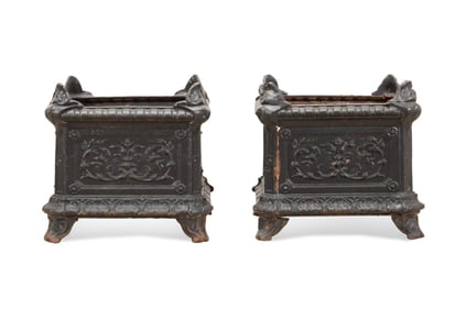 PAIR VICTORIAN STYLE SQUARE CAST IRON PLANTERS