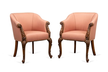 PAIR ROCOCO STYLE CARVED WALNUT TUB CHAIRS