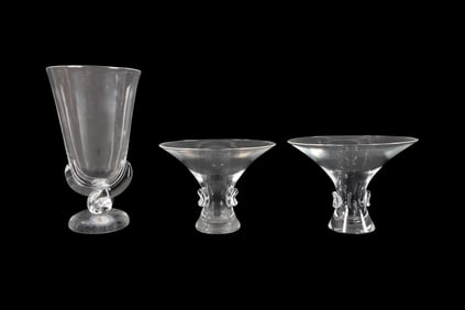 THREE EARLY STEUBEN CLEAR GLASS VASES G. THOMPSON