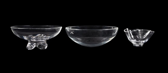 3PCS STEUBEN CLEAR BOWLS TWO ROUND & ONE TREFOIL