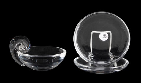 3PCS STEUBEN TWO SMALL THICK PLATES AND OLIVE BOWL