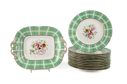 13PC ENGLISH GREEN FLORAL DESSERT SERVICE, 19TH C.