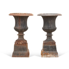 PAIR CAMPAGNA CAST IRON GARDEN URNS ON BASES