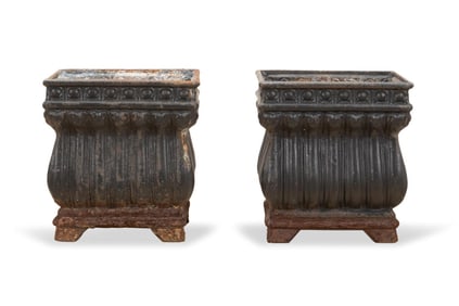 PAIR SMALL SQUARE CAST IRON GARDEN PLANTERS