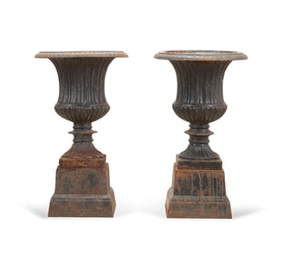 PAIR CAMPAGNA CAST IRON GARDEN URNS ON BASES