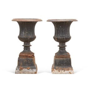 PAIR CAMPAGNA CAST IRON GARDEN URNS ON BASES